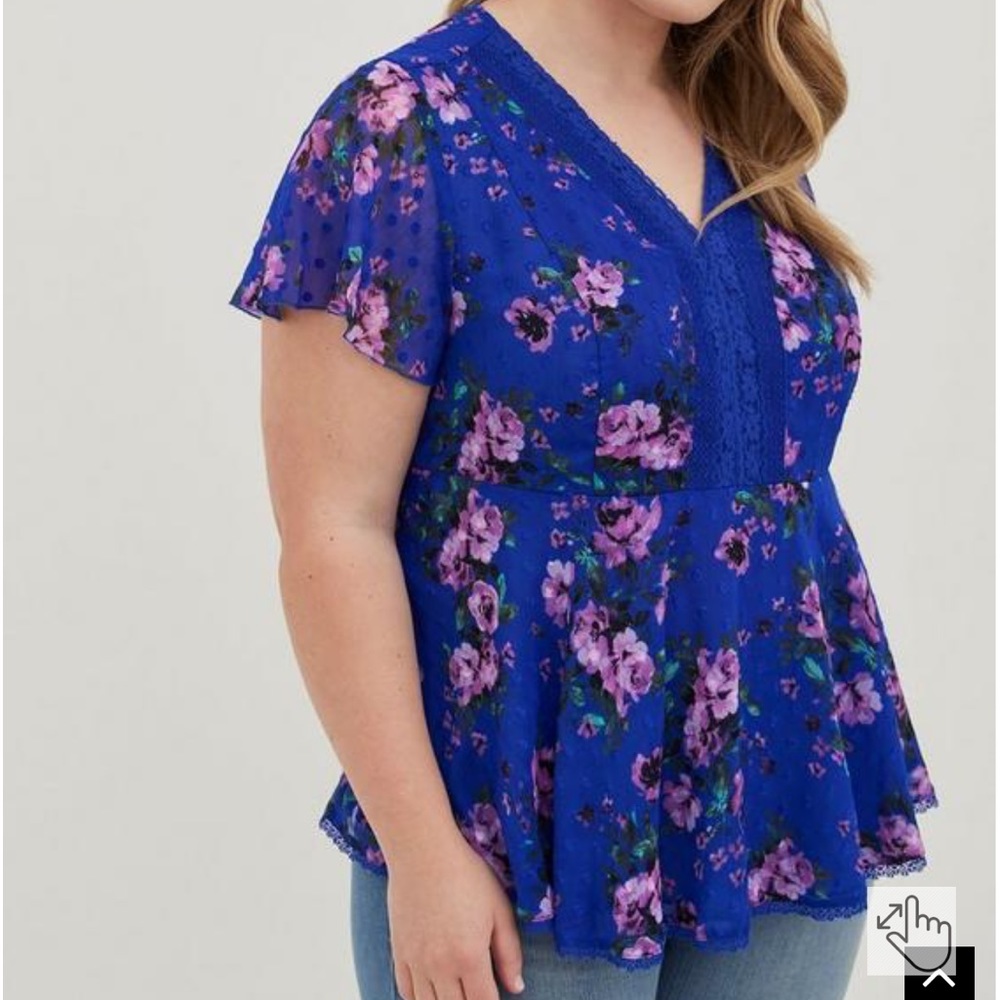 Torrid Blue floral Peplum Chiffon Clip Dot Lace blouse large romantic chic